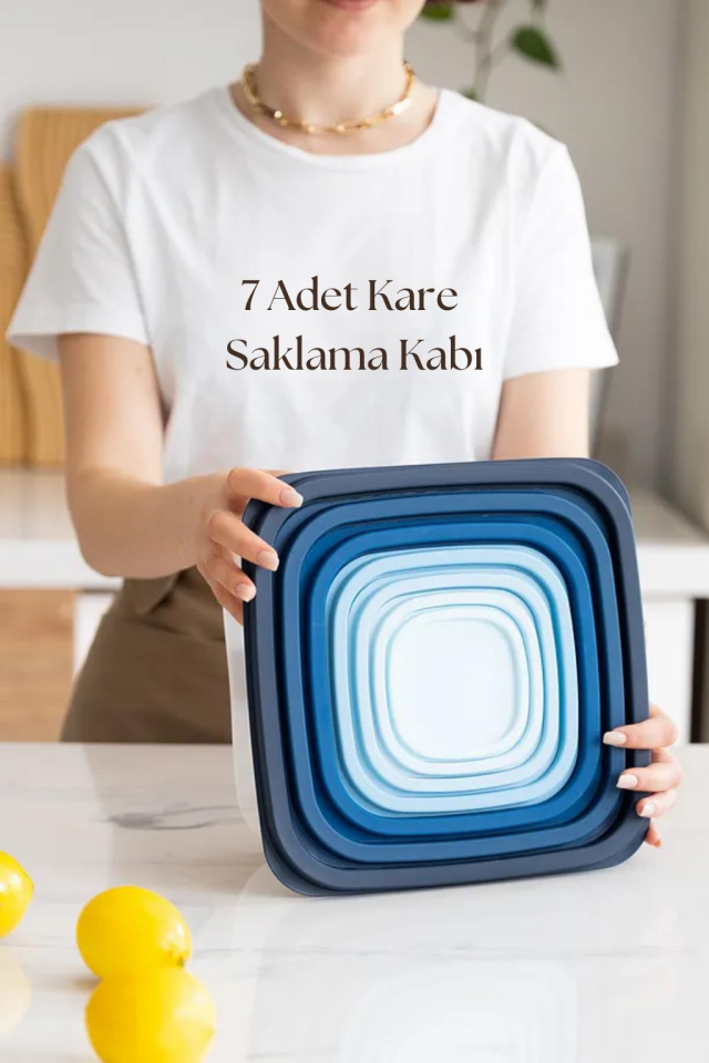 Kare 7 Parça Hava Almaz Sızdırmaz Saklama Kabı Seti Mavi (200/330/630/1100/1800/3300/5600 Ml)
