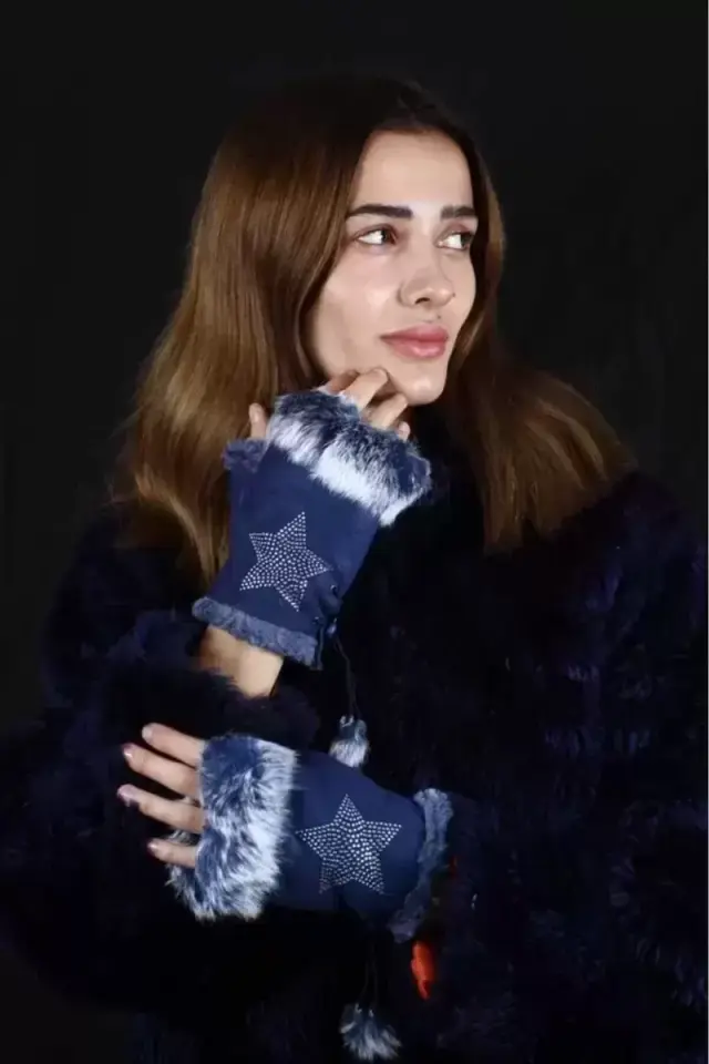 Parmaksız Tasarım Yıldız ve Parıltı Taşlı Kadın Eldiven Ayarlanır