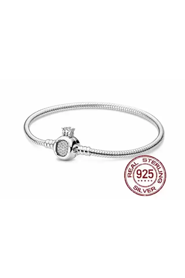 Bileklik 925 Ayar Gümüş Charm Takılabilir Taç O Klipsili Yılan Gümüş