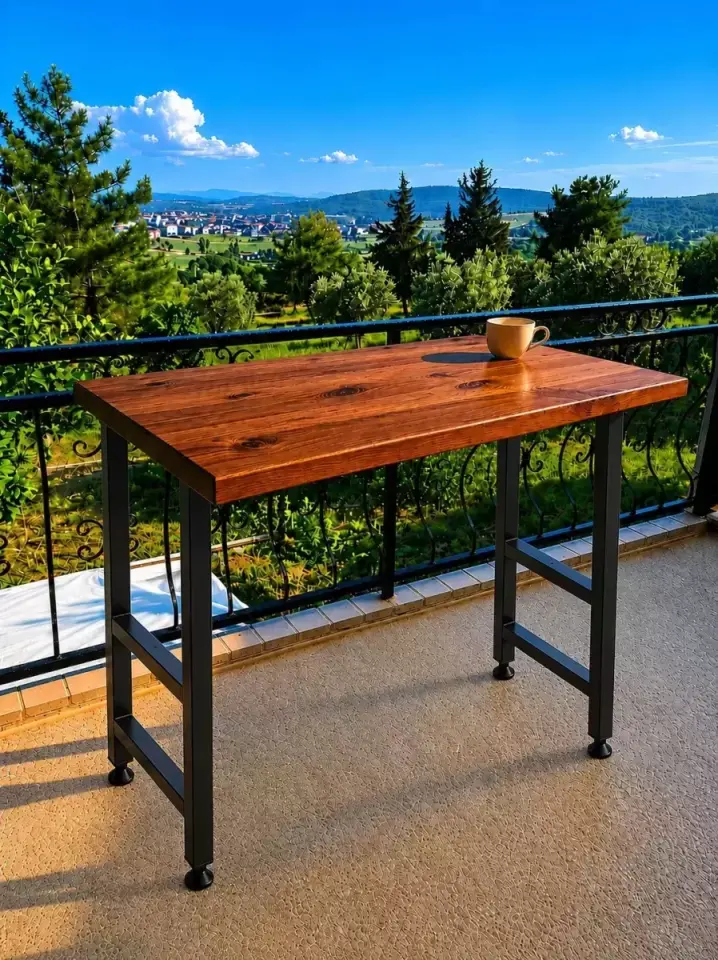 Masif Bar Masası 85 cm Yüksek Metal Profil Ayaklı Mutfak Yemek Kafe Bistro Çalışma 40x70