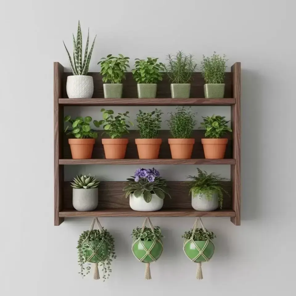 Ahşap Duvar Rafı - 3 Katlı Çok Amaçlı Mutfak ve Balkon Rafı - Saksılık - 50X50 cm