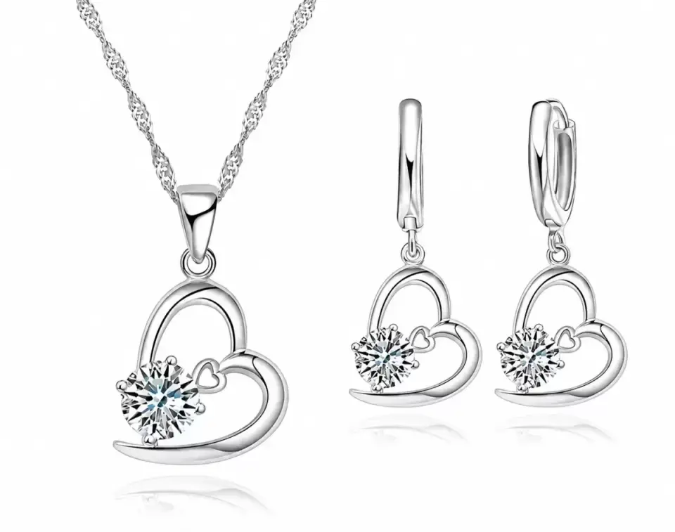 925 Ayar Kalp İçinde Kalp Taşlı Gümüş Kolye Küpe Set-Beyaz