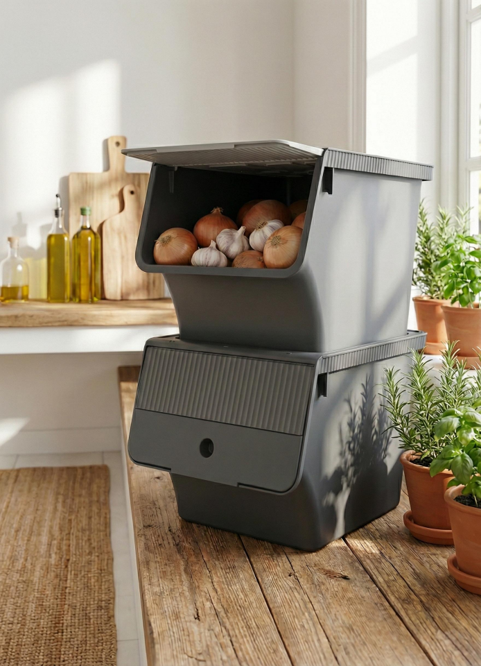 Füme 2'Li 33 LT Modubox Kayar Kapaklı Saklama Kabı & Patates Soğan Kovası & Erzak Kutusu