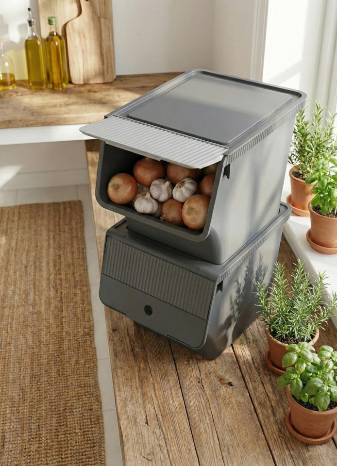 Füme 2'Li 33 LT Modubox Kayar Kapaklı Saklama Kabı & Patates Soğan Kovası & Erzak Kutusu
